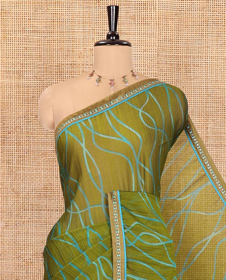 Mehendi Shimmer Chiffon Saree, Elevated with Geometric Patterns on Its Body, Subtle Lace Border, Pallu with the Same Print, and Paired with a Contrast Blouse - Image 2