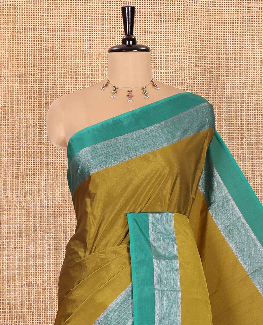 Mehenti Plain Semi-Soft Silk Saree, Complemented by a Contrast Silver Zari Striped Border, Sparsely Striped Pallu, and Paired with a Matching Blouse - Image 2