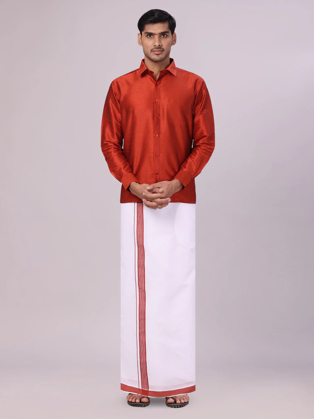 Mens Brick Red Dupion Satin Color Shirt with Matching Border Flexi Dhoti Combo Gora Flexi