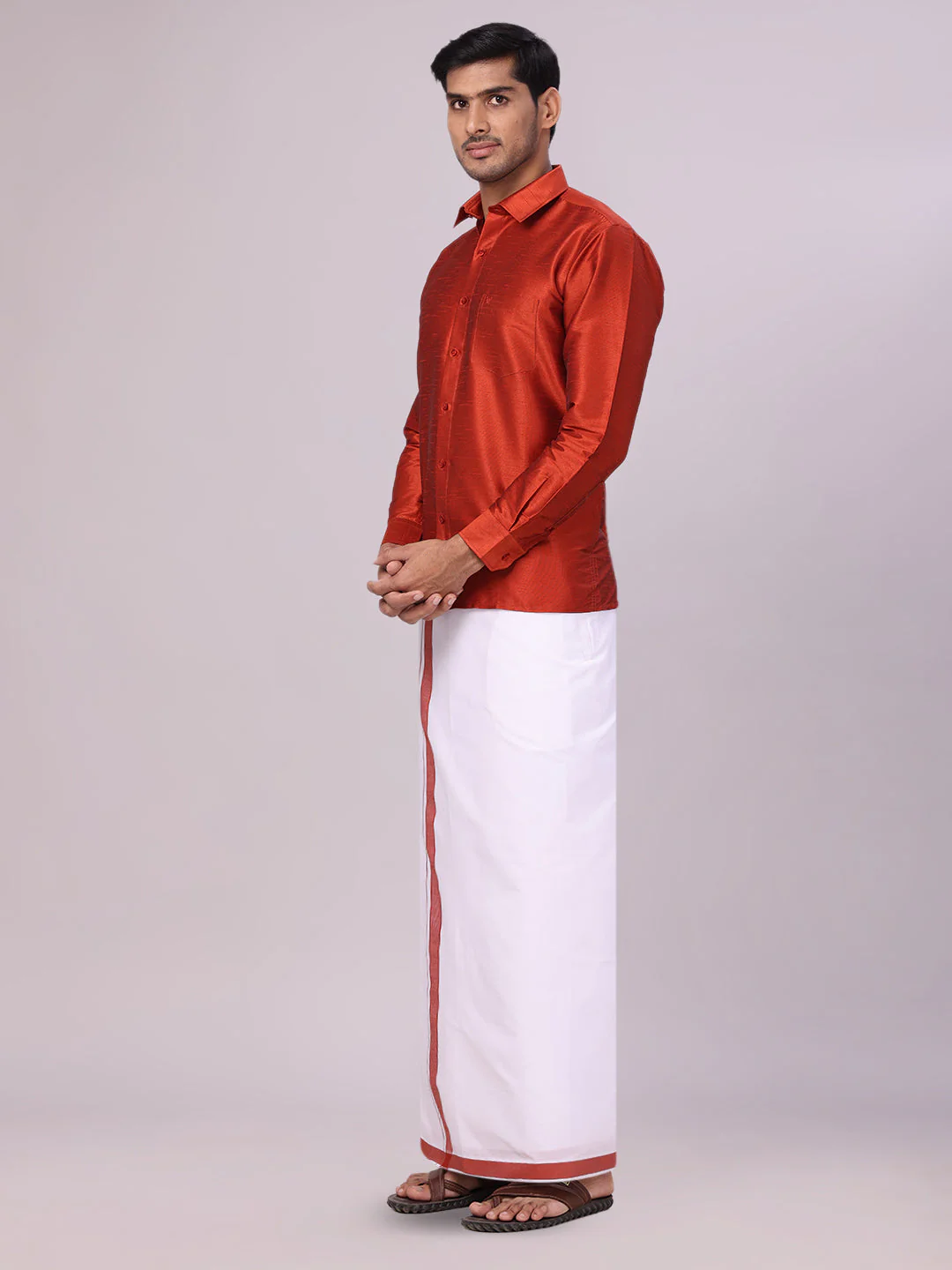 Mens Brick Red Dupion Satin Color Shirt with Matching Border Flexi Dhoti Combo Gora Flexi - Image 4