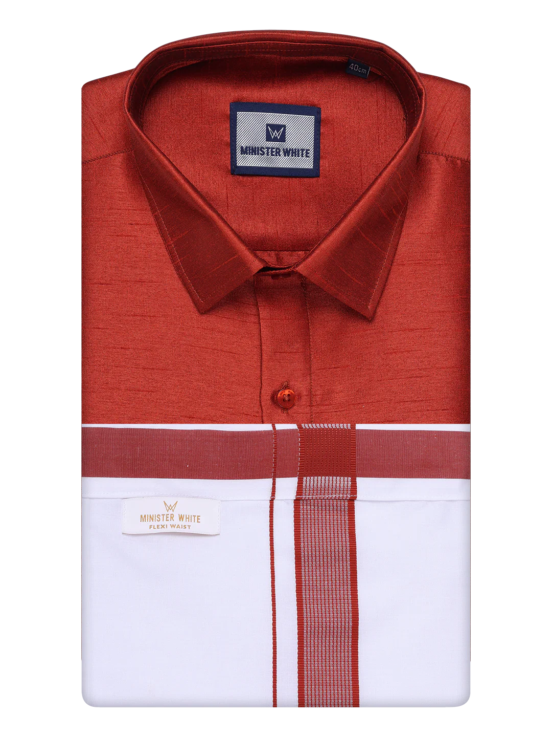 Mens Brick Red Dupion Satin Color Shirt with Matching Border Flexi Dhoti Combo Gora Flexi - Image 7