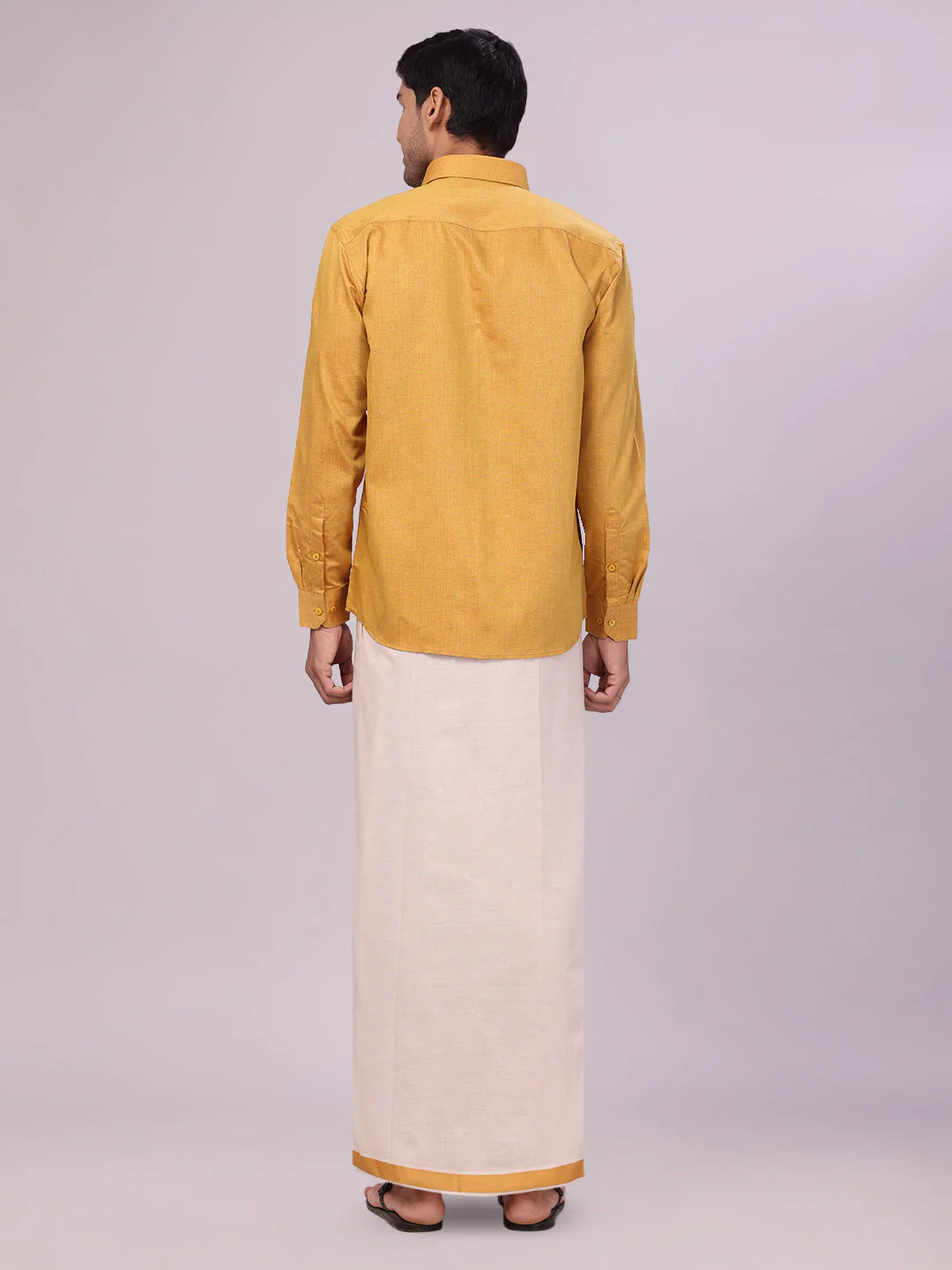 Mens Cotton Mustard Shirt with Tissue Matching Border Dhoti Wedding Combo Kandala - Image 4