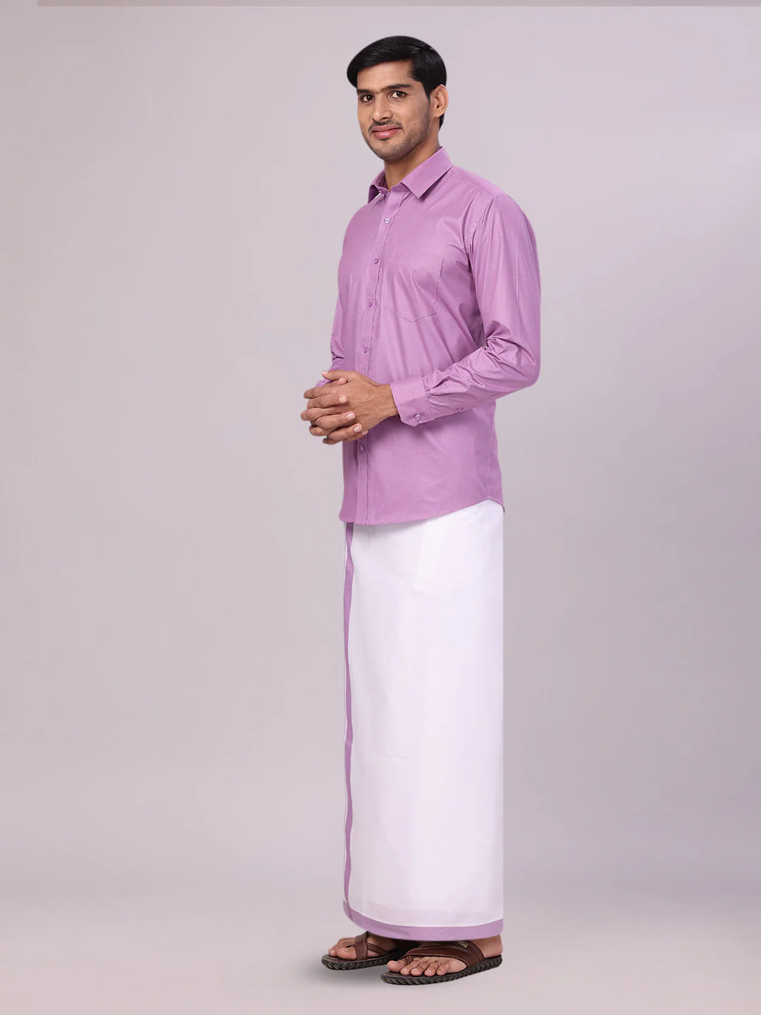 Mens Light Purple Color Shirt with Matching Border Dhoti Combo Casper - Image 2