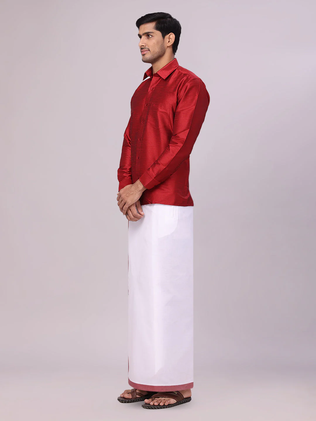 Mens Red Dupion Satin Color Shirt with Matching Border Dhoti Combo Gora - Image 2