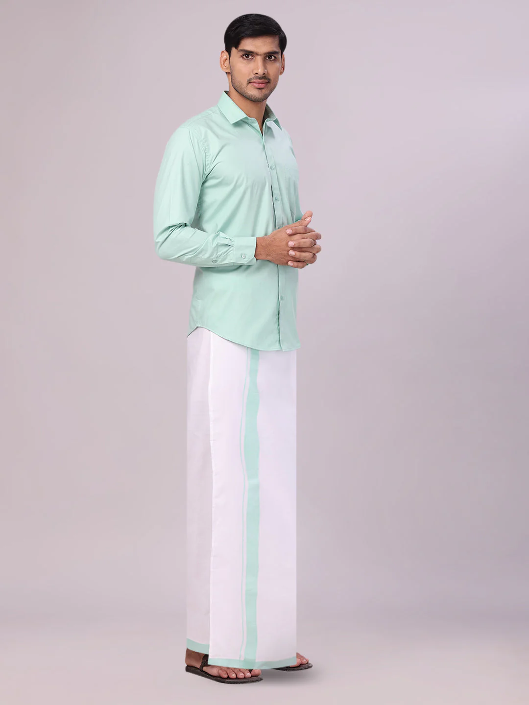 Mens Sea Green Color Shirt with Matching Border Dhoti Combo Casper - Image 3