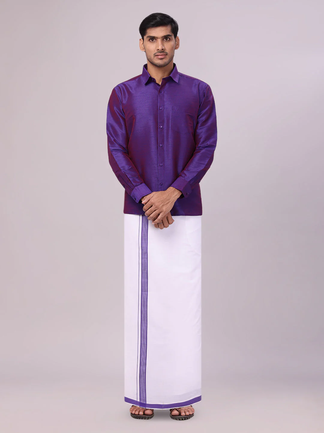 Mens Violet Dupion Satin Color Shirt with Matching Border Dhoti Combo Gora