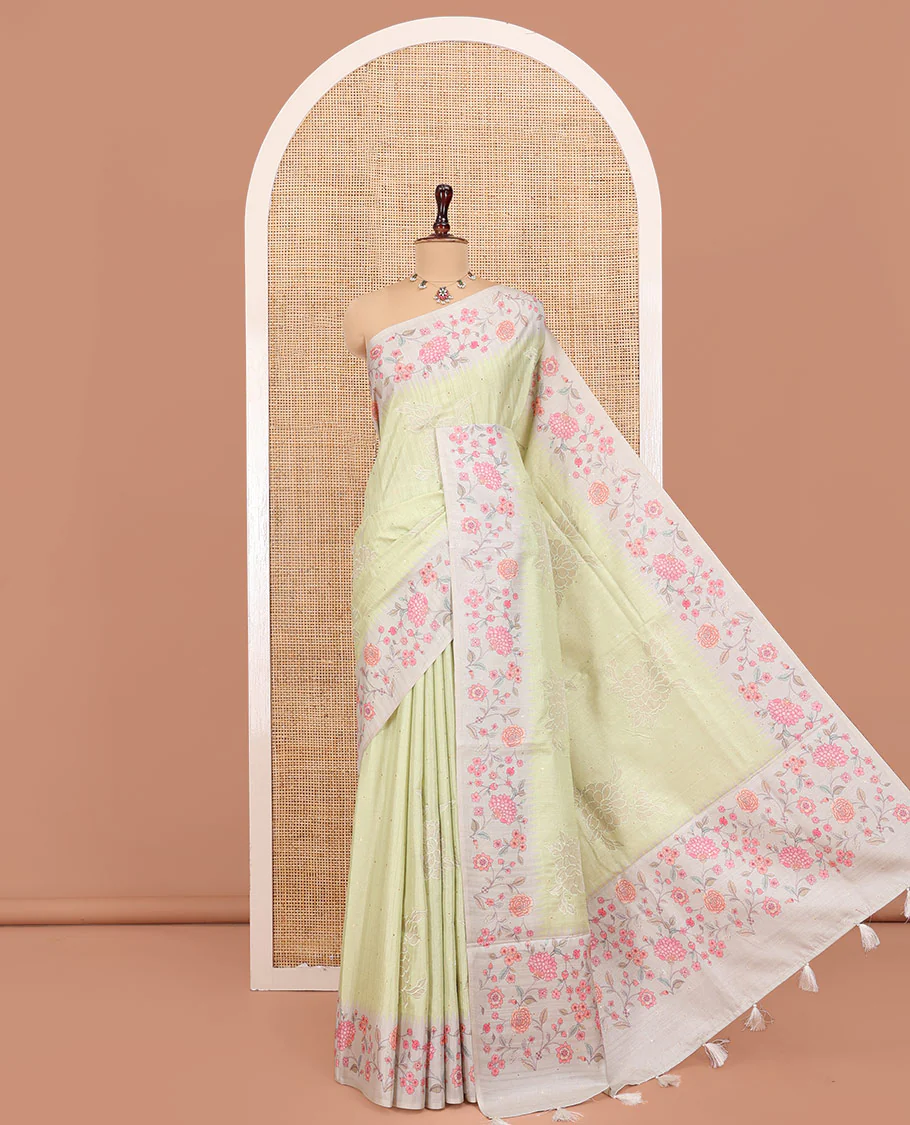 Mint Green Fancy Tussar Silk Saree, Gleamed Up with Small Gold Buttas, and Applique Embroidery on Its Body, Complemented by a Contrast Temple Floral Creeper Printed Border, Pallu of Floral Creeper Print, and Paired with a Contrast Blouse