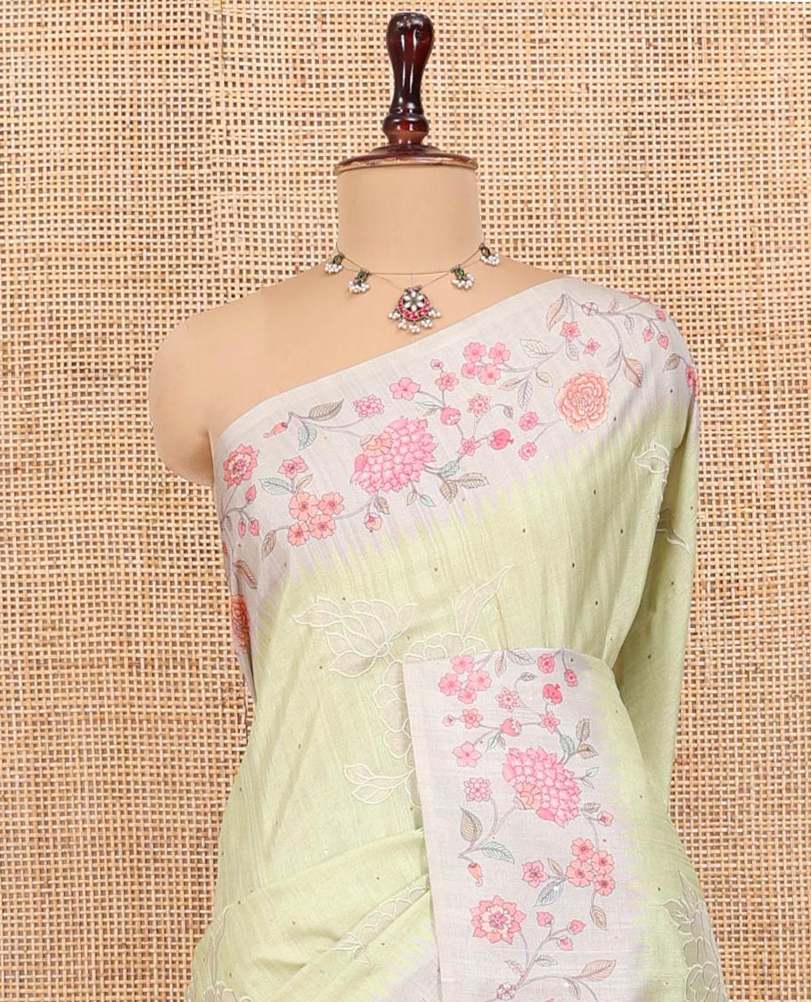 Mint Green Fancy Tussar Silk Saree, Gleamed Up with Small Gold Buttas, and Applique Embroidery on Its Body, Complemented by a Contrast Temple Floral Creeper Printed Border, Pallu of Floral Creeper Print, and Paired with a Contrast Blouse - Image 2