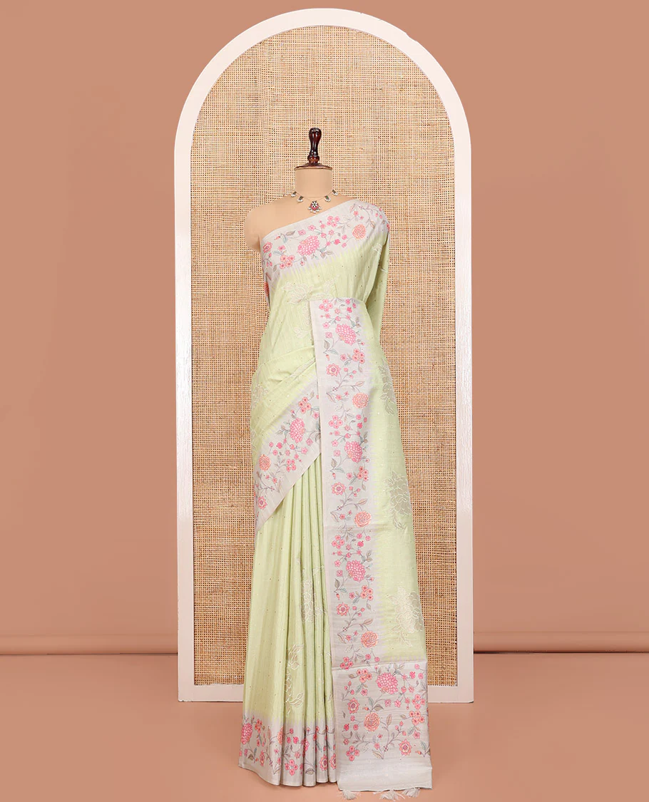 Mint Green Fancy Tussar Silk Saree, Gleamed Up with Small Gold Buttas, and Applique Embroidery on Its Body, Complemented by a Contrast Temple Floral Creeper Printed Border, Pallu of Floral Creeper Print, and Paired with a Contrast Blouse - Image 3