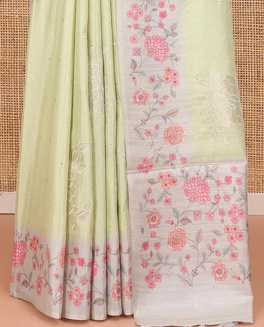 Mint Green Fancy Tussar Silk Saree, Gleamed Up with Small Gold Buttas, and Applique Embroidery on Its Body, Complemented by a Contrast Temple Floral Creeper Printed Border, Pallu of Floral Creeper Print, and Paired with a Contrast Blouse - Image 4
