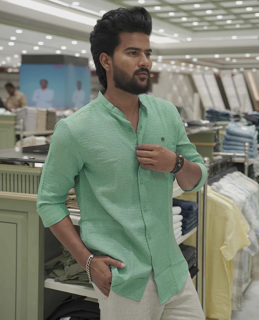 Mint Green Plain Korean Linen-Blended Casual Shirt, Comes with a Mandarin Collar, Full-Sleeves, Slim Fit, and Regular Length - Image 2