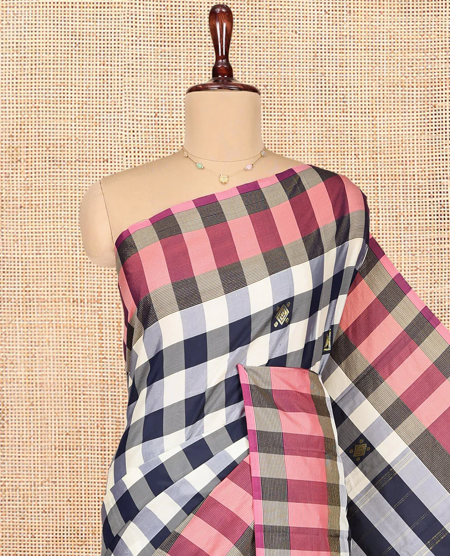 Multi-Color Aarani Gift Saree, Adorned with Checked Design and Zari Buttas on Its Body, Complemented by a Contrast-Checked Border, Subtly Striped Pallu, and Paired with a Matching Blouse - Image 2