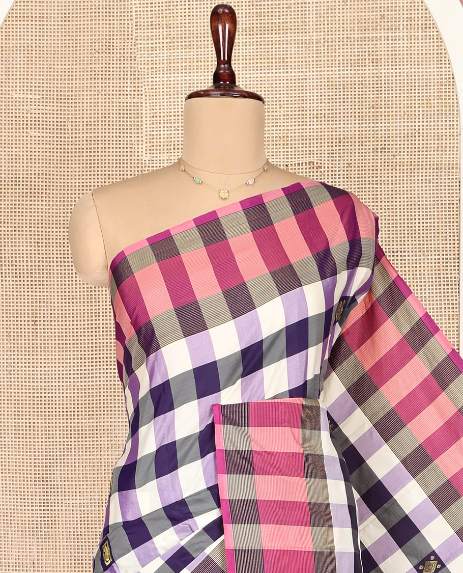 Multi-Color Aarani Gift Saree, Bedecked with Checked Design and Zari Buttas on Its Body, Complemented by a Contrast-Checked Border, Subtly Striped Pallu, and Paired with a Matching Blouse - Image 2