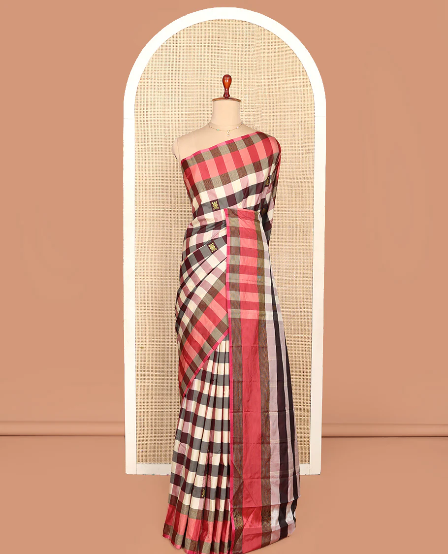 Multi-Color Aarani Silk Saree, Boldly Accentuated with Buttas and Medium-Checked Design All Over Its Body, Complemented by a Contrast Border, Striped Pallu, and Paired with a Matching Blouse - Image 3