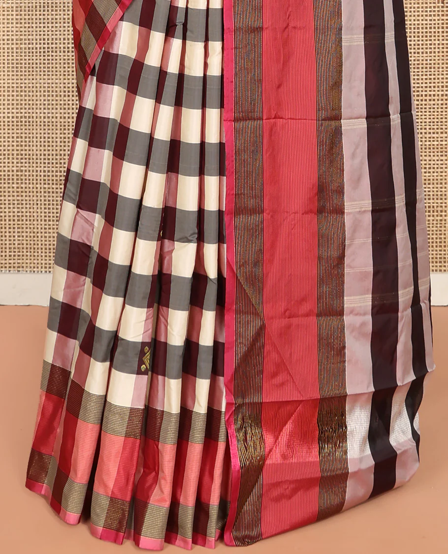 Multi-Color Aarani Silk Saree, Boldly Accentuated with Buttas and Medium-Checked Design All Over Its Body, Complemented by a Contrast Border, Striped Pallu, and Paired with a Matching Blouse - Image 4
