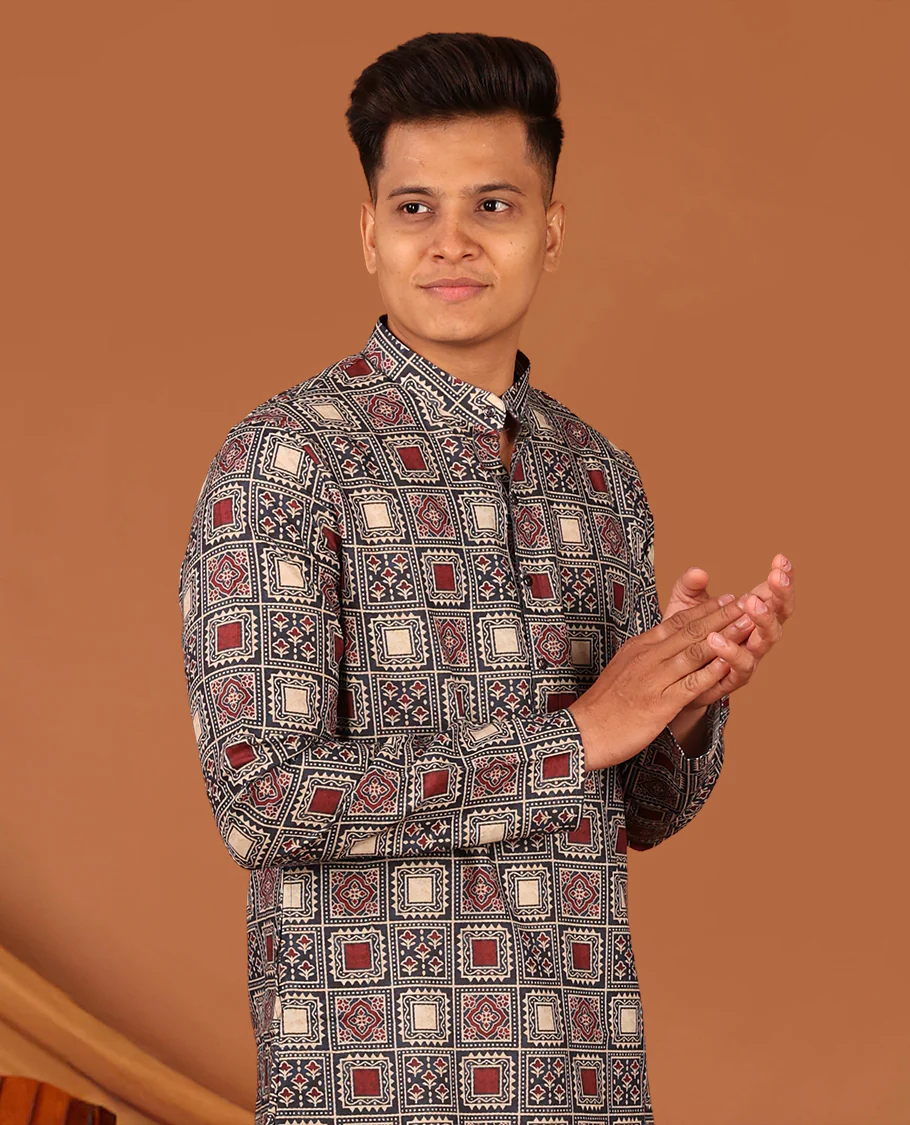 Multi-Color Ajrakh Printed Full-Sleeved Men's Kurta - Image 3