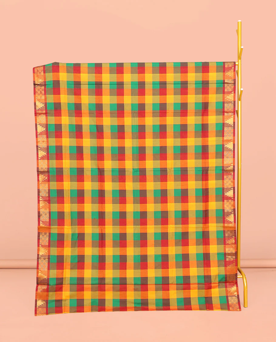 Multi-Color Chettinad Cotton Saree, Delicately Woven with Checks, Highlighted by Temple Border, Striped Pallu, and No Blouse