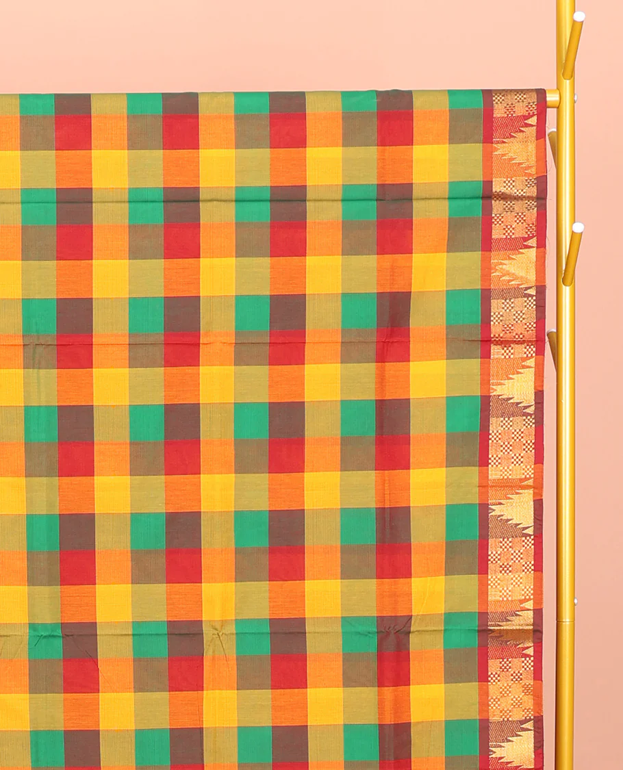 Multi-Color Chettinad Cotton Saree, Delicately Woven with Checks, Highlighted by Temple Border, Striped Pallu, and No Blouse - Image 2
