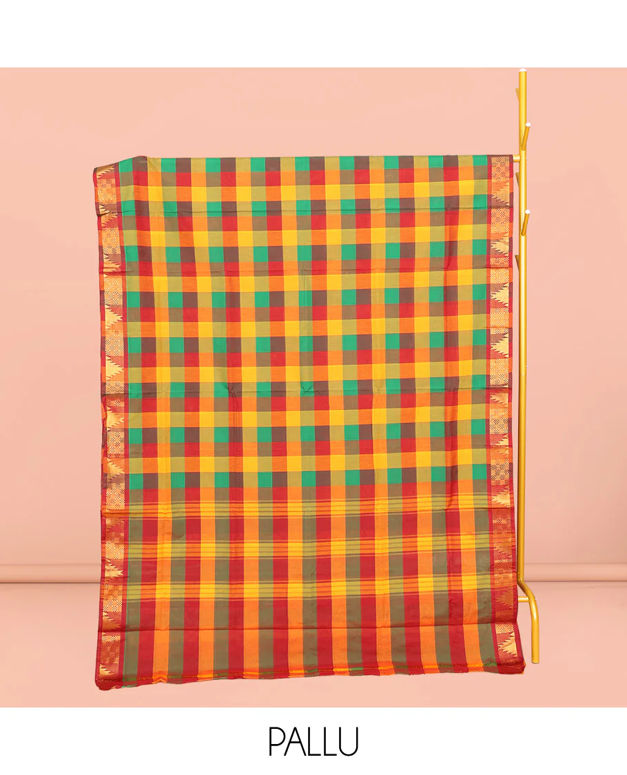 Multi-Color Chettinad Cotton Saree, Delicately Woven with Checks, Highlighted by Temple Border, Striped Pallu, and No Blouse - Image 3
