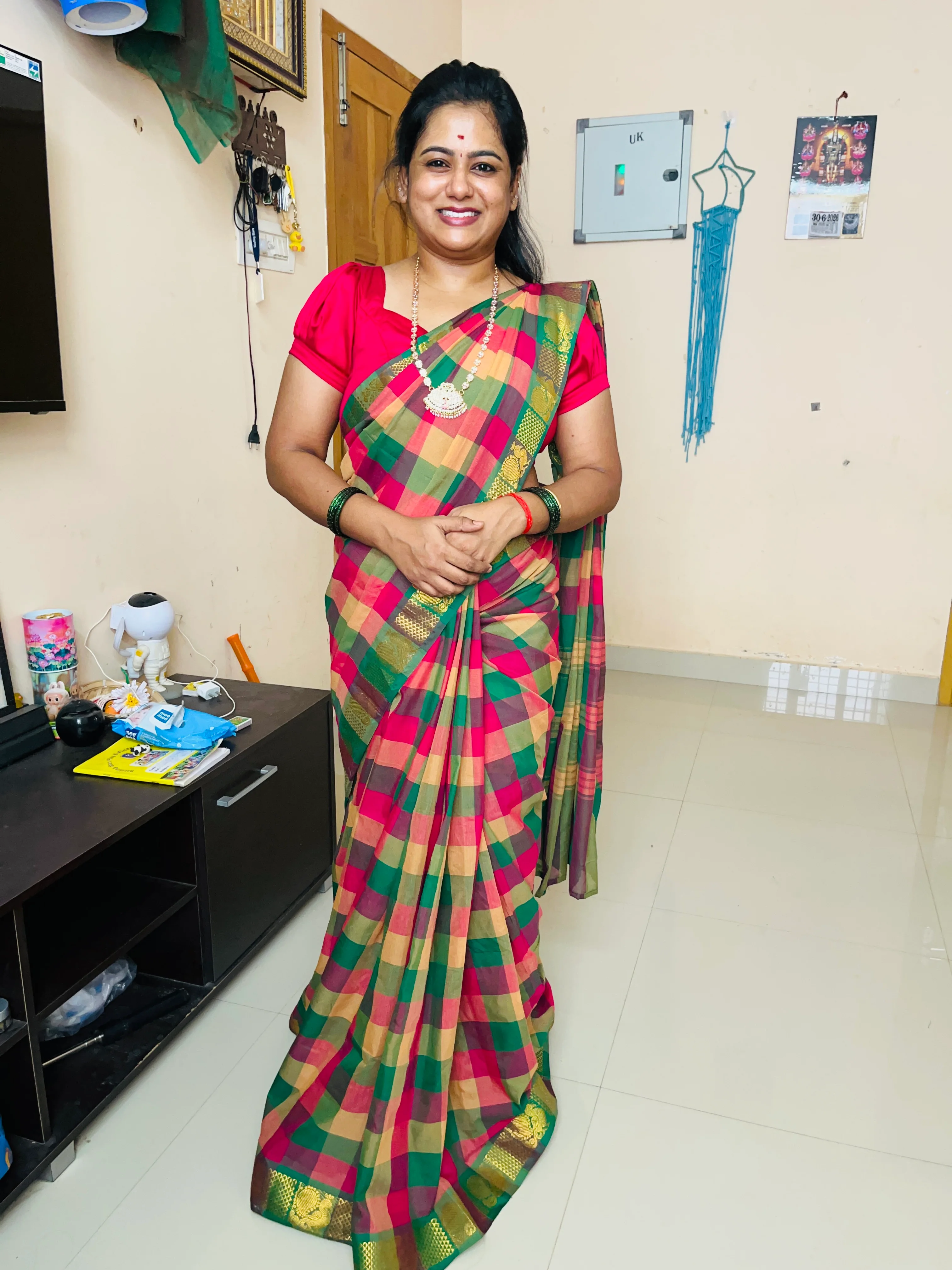 Multi-Color Chettinad Cotton Saree Features Checks, Highlighted by a Peacock Zari Border, Striped Pallu, and a Matching Blouse