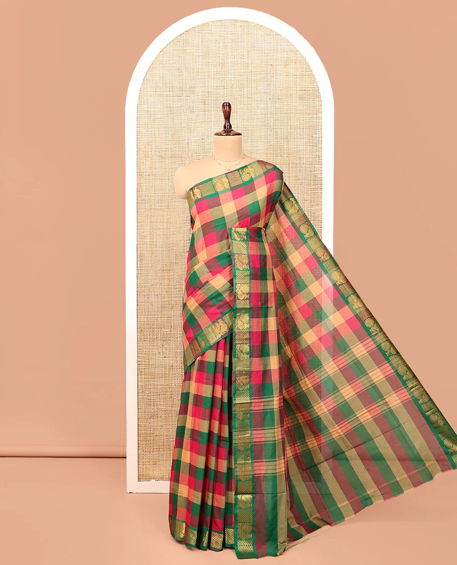 Multi-Color Chettinad Cotton Saree Features Checks, Highlighted by a Peacock Zari Border, Striped Pallu, and a Matching Blouse - Image 2