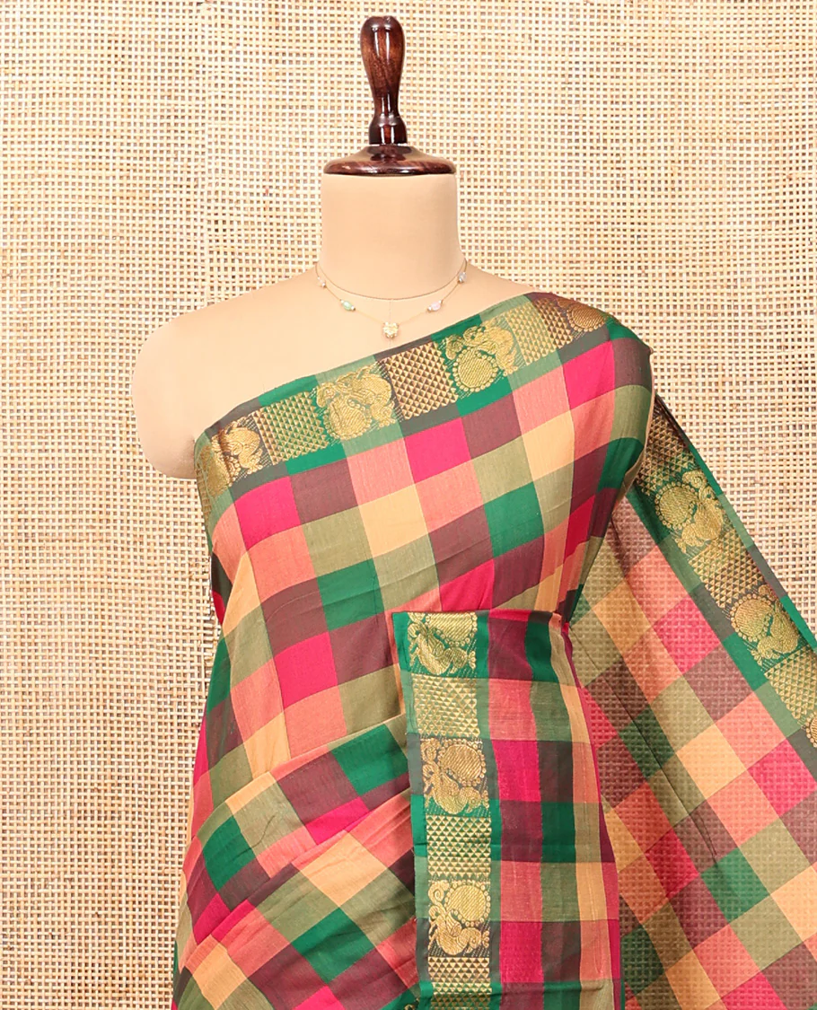 Multi-Color Chettinad Cotton Saree Features Checks, Highlighted by a Peacock Zari Border, Striped Pallu, and a Matching Blouse - Image 3