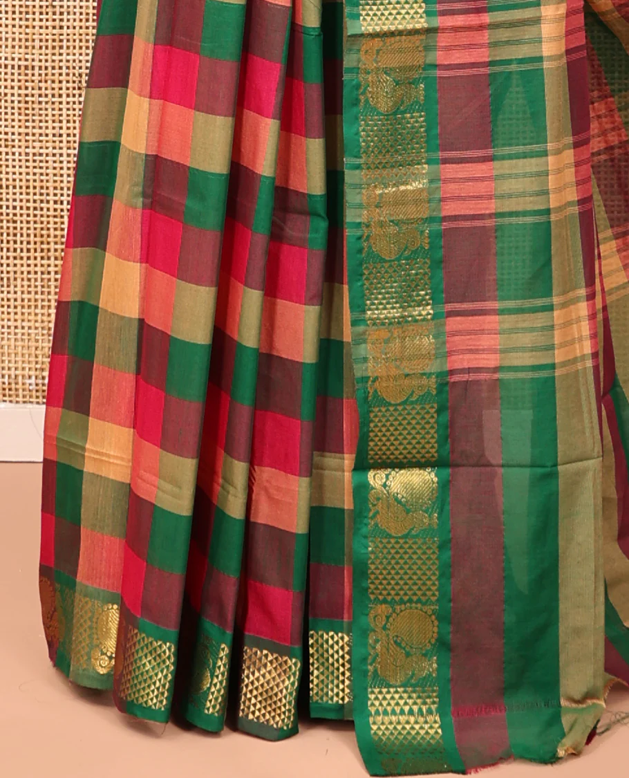 Multi-Color Chettinad Cotton Saree Features Checks, Highlighted by a Peacock Zari Border, Striped Pallu, and a Matching Blouse - Image 4