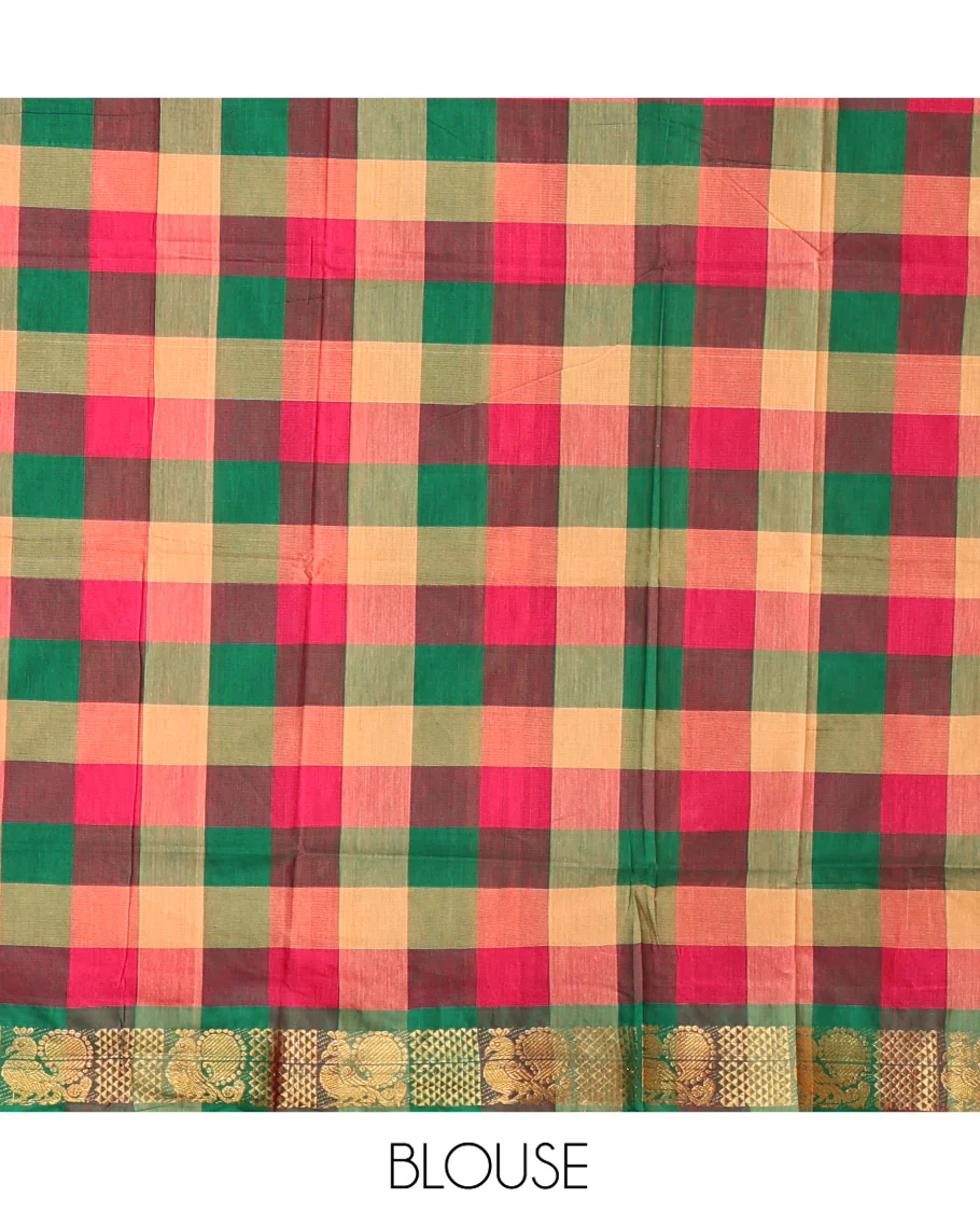 Multi-Color Chettinad Cotton Saree Features Checks, Highlighted by a Peacock Zari Border, Striped Pallu, and a Matching Blouse - Image 5