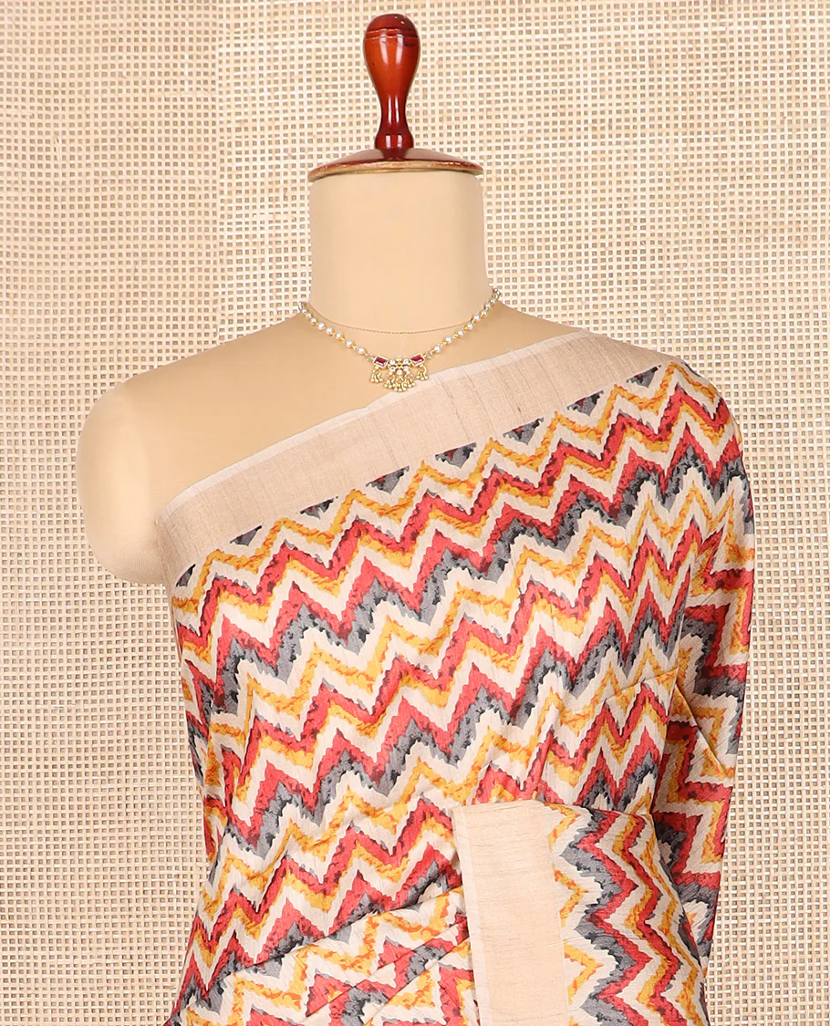Multi-color chevron design printed tussar saree, contrast border, and pallu of stripes and diamond designs - Image 3
