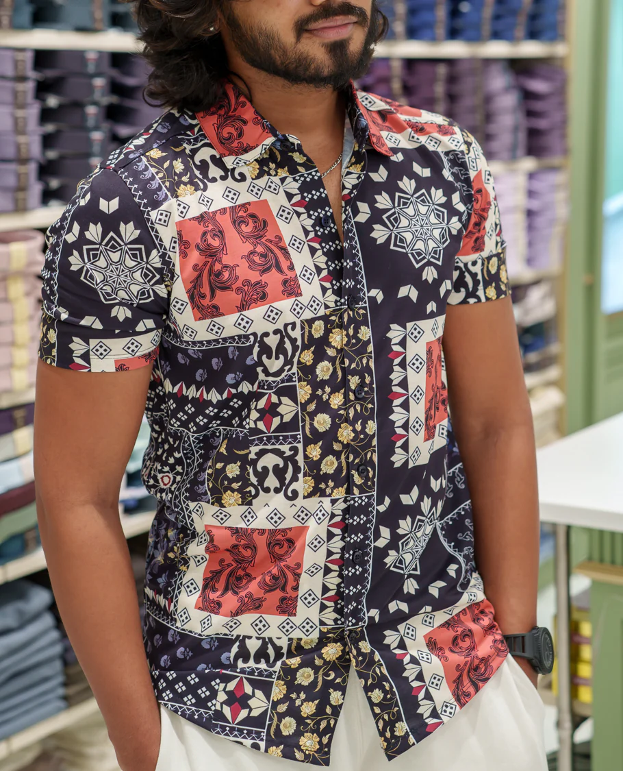 Multi-color Cotton-Blended Casual Shirt Comes with Intricate Print, Spread Collar, Half Sleeves, Regular Fit, and Regular Length - Image 3