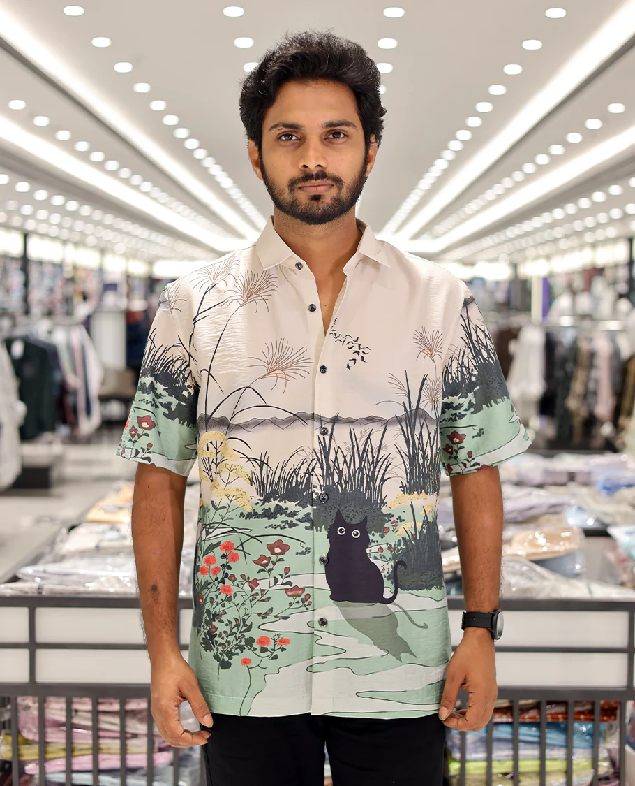 Multi-color Cotton-Blended Casual Shirt, Creatively Printed with Cat and Scenery Print, a Half-Sleeve, a Spread Collar, a Boxy Fit, and Regular Length