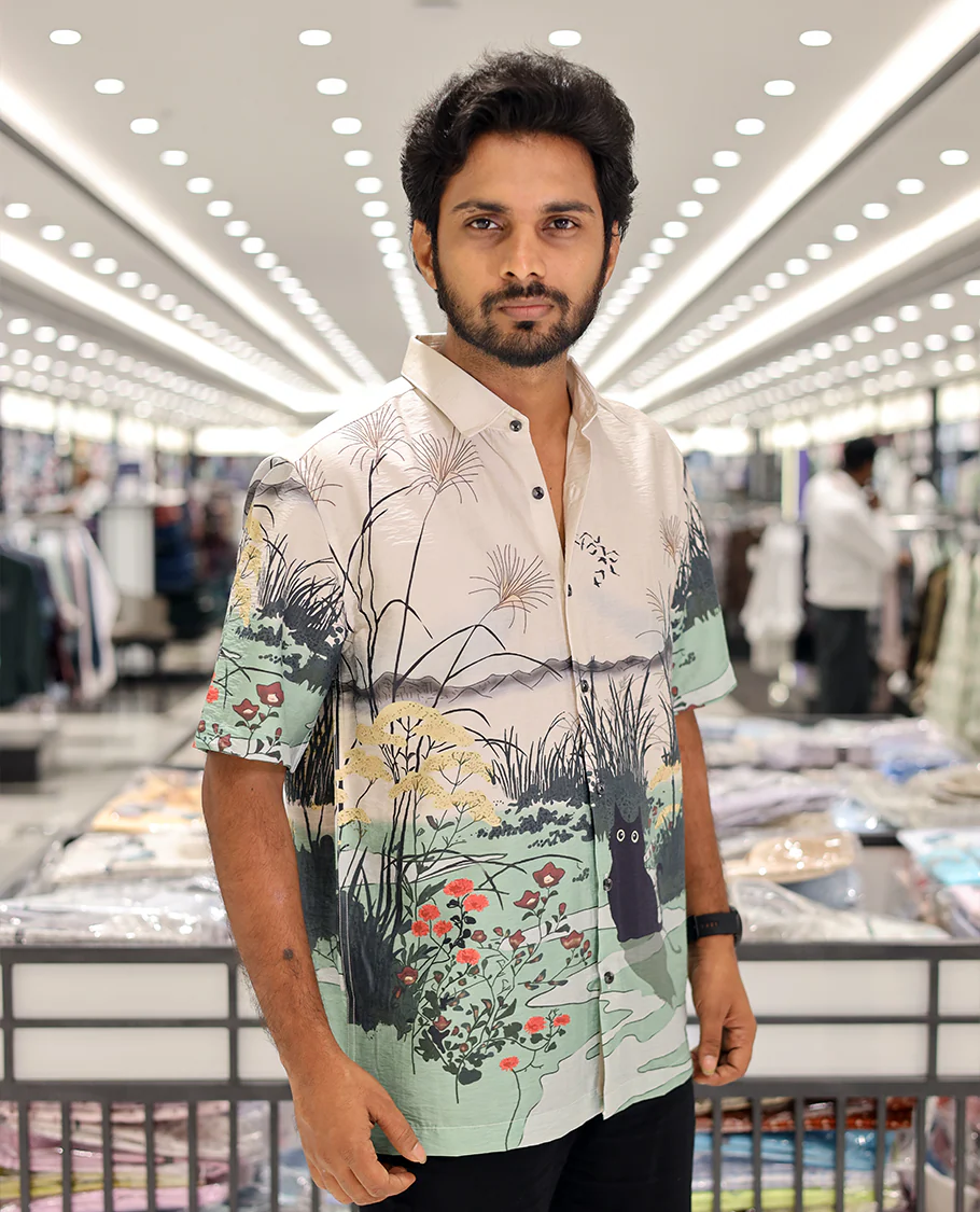 Multi-color Cotton-Blended Casual Shirt, Creatively Printed with Cat and Scenery Print, a Half-Sleeve, a Spread Collar, a Boxy Fit, and Regular Length - Image 2