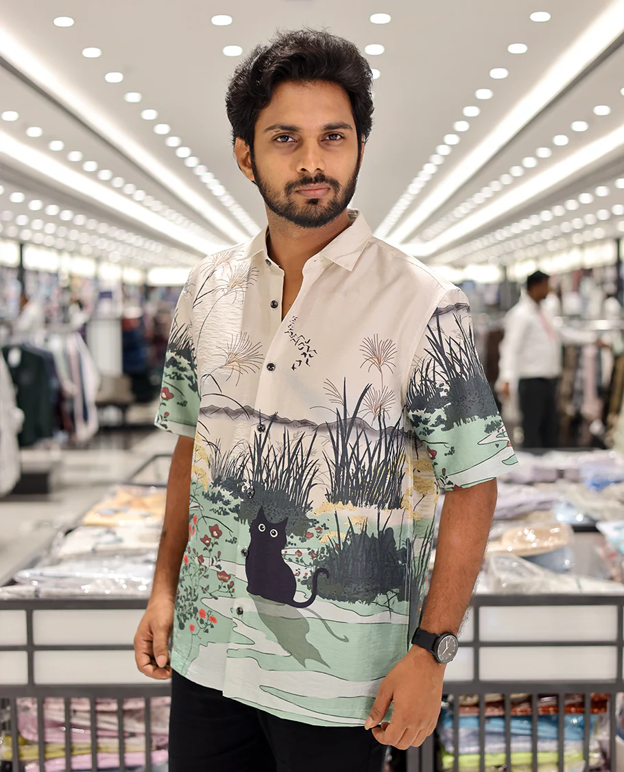 Multi-color Cotton-Blended Casual Shirt, Creatively Printed with Cat and Scenery Print, a Half-Sleeve, a Spread Collar, a Boxy Fit, and Regular Length - Image 3