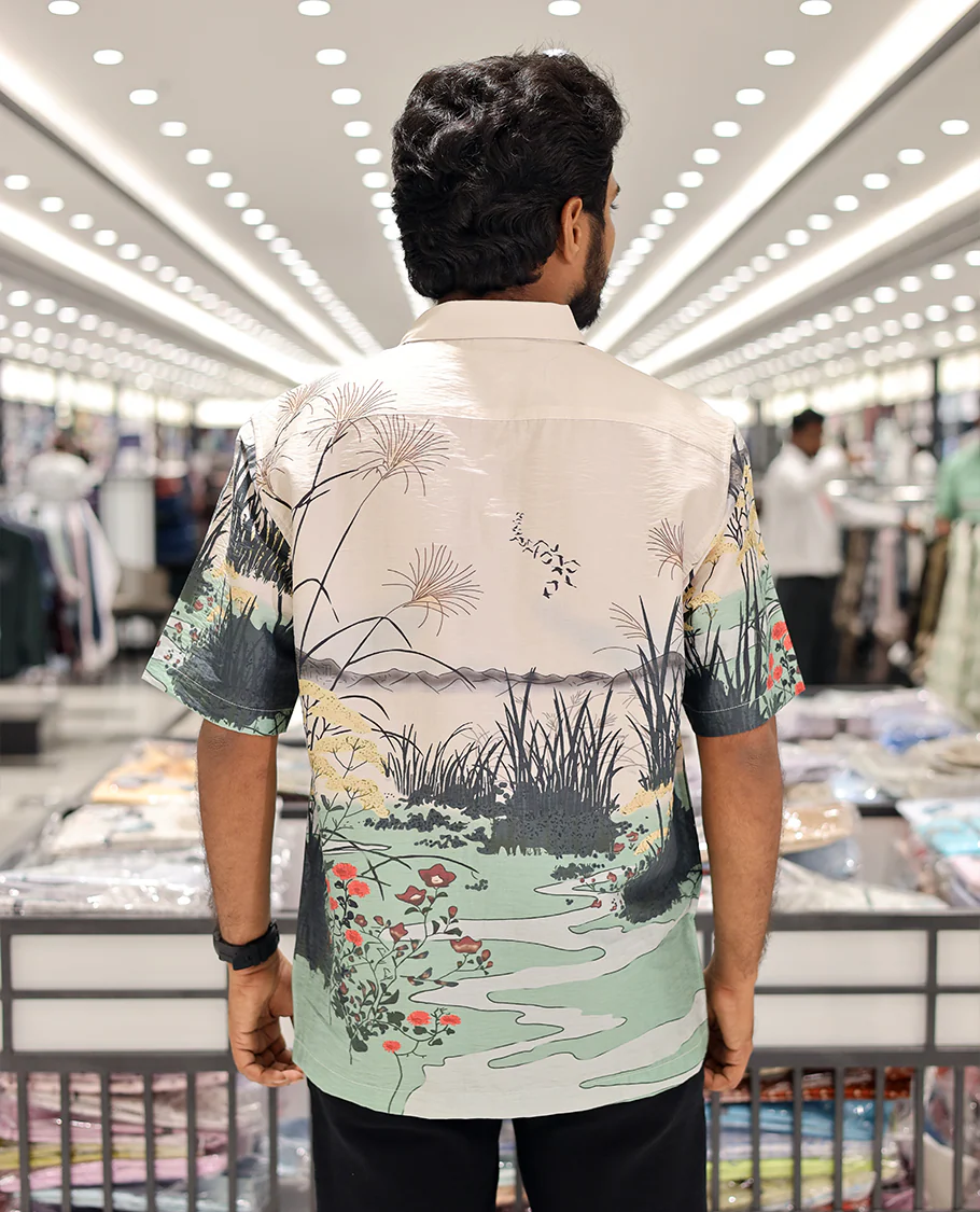 Multi-color Cotton-Blended Casual Shirt, Creatively Printed with Cat and Scenery Print, a Half-Sleeve, a Spread Collar, a Boxy Fit, and Regular Length - Image 4