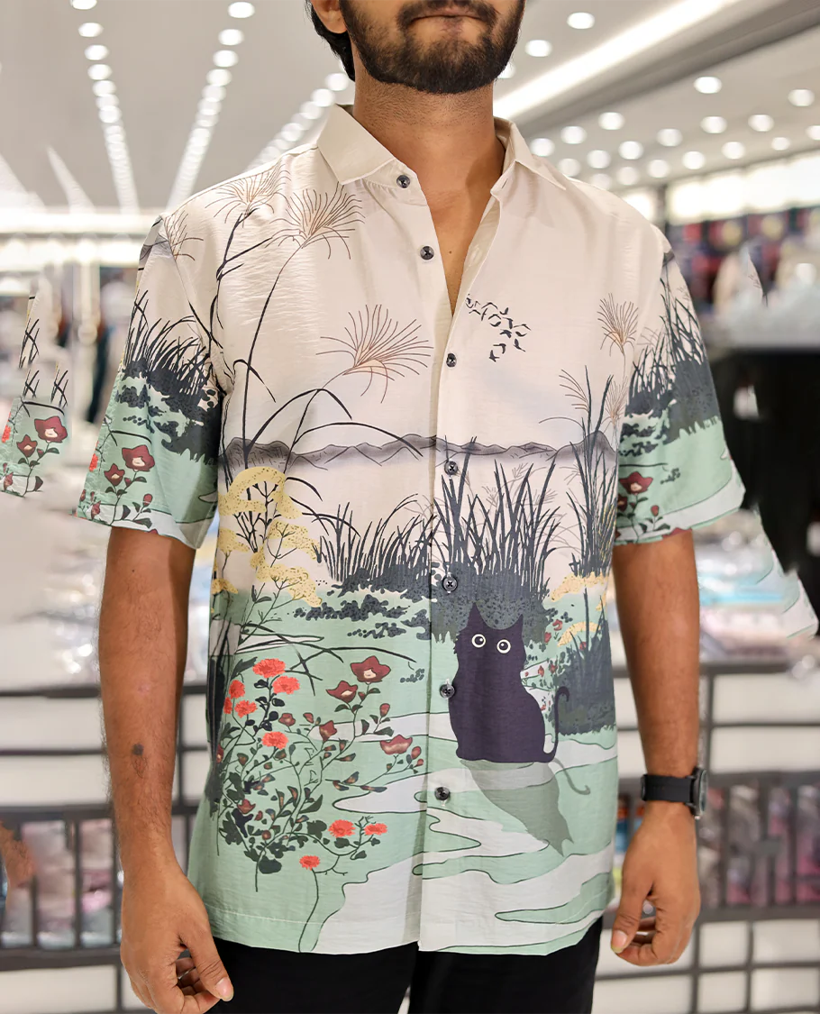 Multi-color Cotton-Blended Casual Shirt, Creatively Printed with Cat and Scenery Print, a Half-Sleeve, a Spread Collar, a Boxy Fit, and Regular Length - Image 5