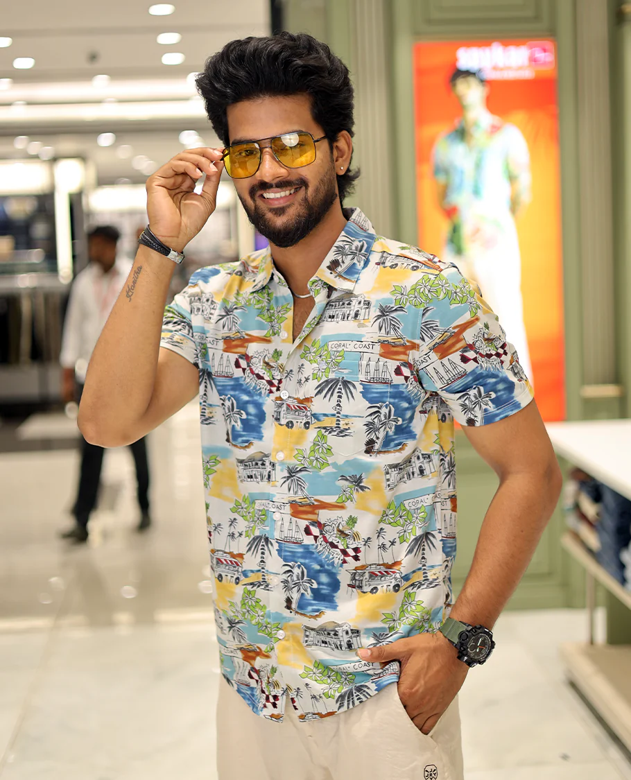 Multi-Color Cotton-Blended Casual Shirt, Showcasing Beach-Themed Print, Half-Sleeves, Spread Collar, Regular Fit, and Regular Length