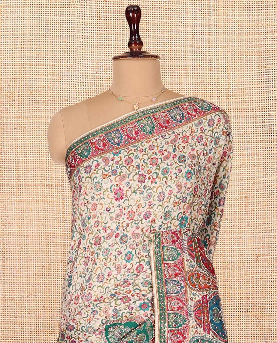 Multi-Color Dola Silk Saree, Elegantly Framed with Colorful Floral Vine on Its Body, Complemented by Contrast Print and Embroidery Border, Intricately Designed Pallu, and Paired with a Contrast Blouse - Image 2