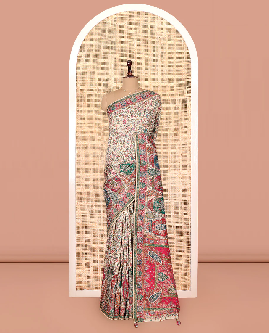 Multi-Color Dola Silk Saree, Elegantly Framed with Colorful Floral Vine on Its Body, Complemented by Contrast Print and Embroidery Border, Intricately Designed Pallu, and Paired with a Contrast Blouse - Image 3