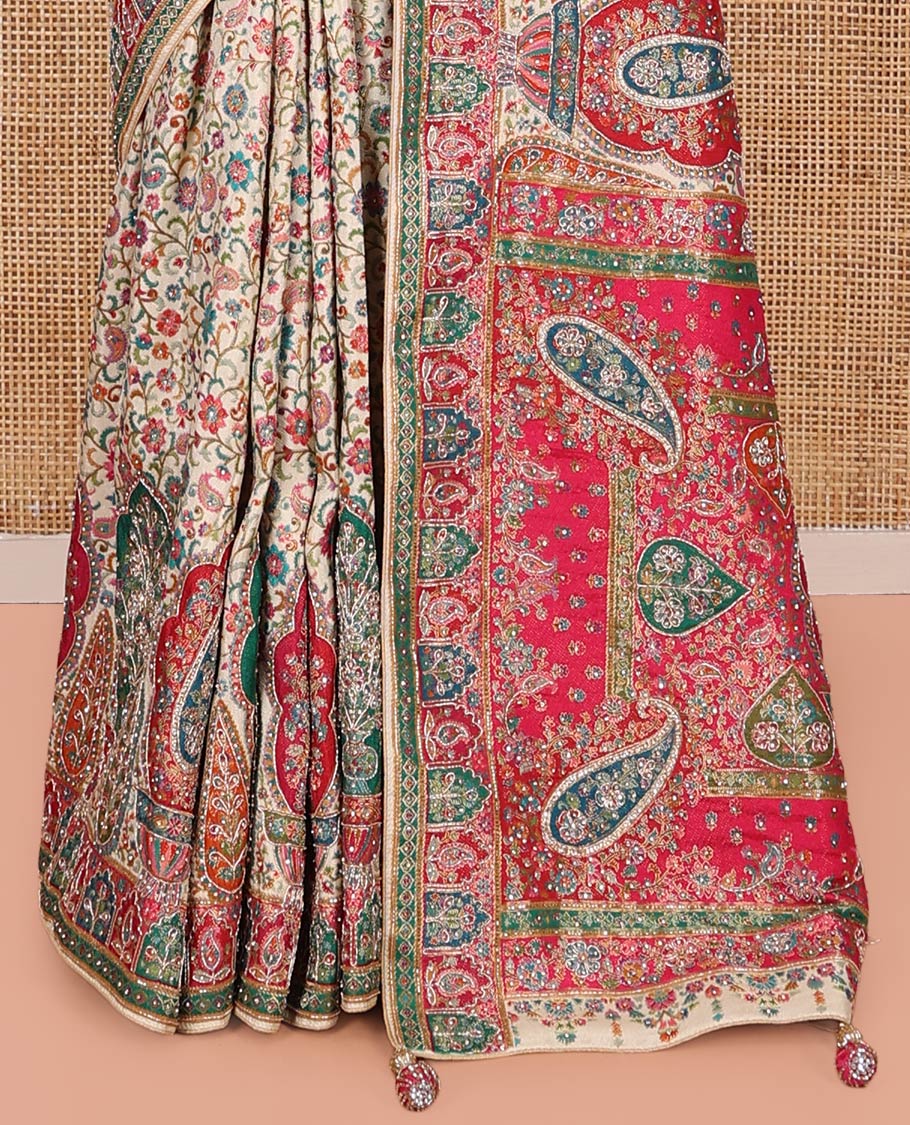 Multi-Color Dola Silk Saree, Elegantly Framed with Colorful Floral Vine on Its Body, Complemented by Contrast Print and Embroidery Border, Intricately Designed Pallu, and Paired with a Contrast Blouse - Image 4