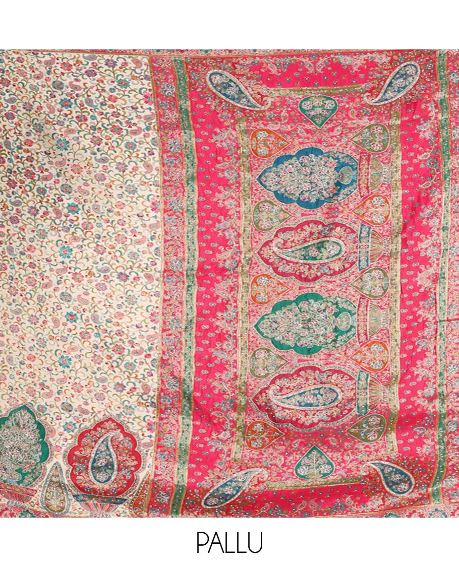 Multi-Color Dola Silk Saree, Elegantly Framed with Colorful Floral Vine on Its Body, Complemented by Contrast Print and Embroidery Border, Intricately Designed Pallu, and Paired with a Contrast Blouse - Image 5