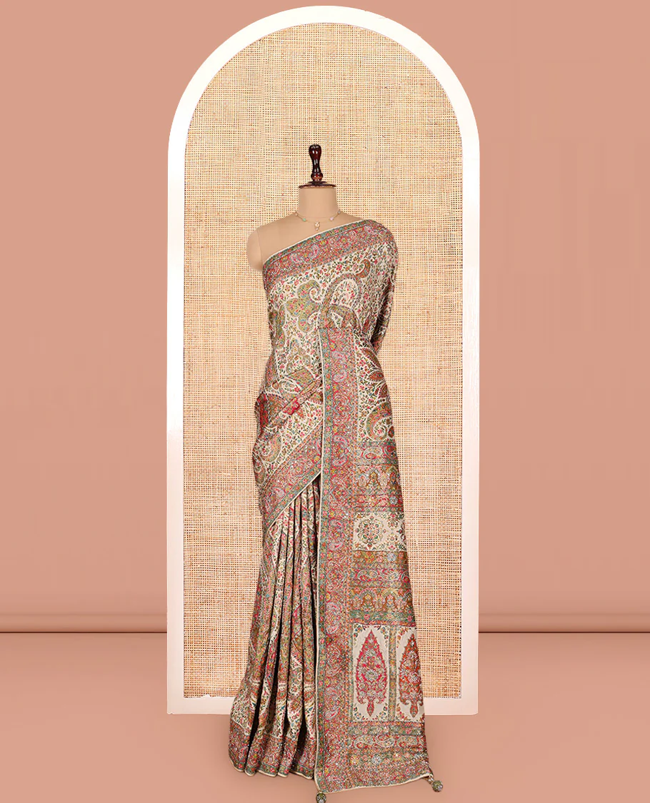 Multi-Color Dola Silk Saree, Masterfully Printed with Colorful Floral-Paisley Design on Its Body, Complemented by Contrast Print and Embroidery Border, Intricately Designed Pallu, and Paired with a Matching Blouse - Image 3