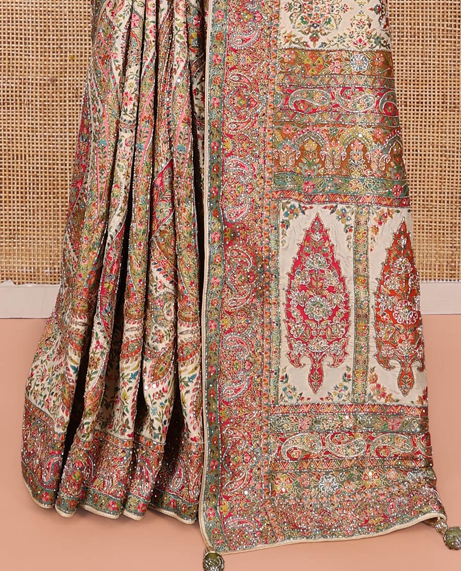 Multi-Color Dola Silk Saree, Masterfully Printed with Colorful Floral-Paisley Design on Its Body, Complemented by Contrast Print and Embroidery Border, Intricately Designed Pallu, and Paired with a Matching Blouse - Image 4