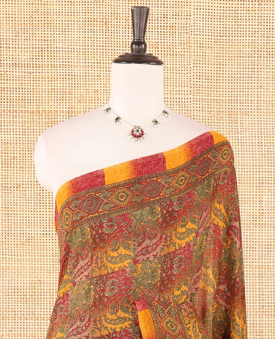 Multi-color intricately floral printed kimaya saree, ogee design printed border, intricately printed pallu & contrast color printed blouse - Image 3