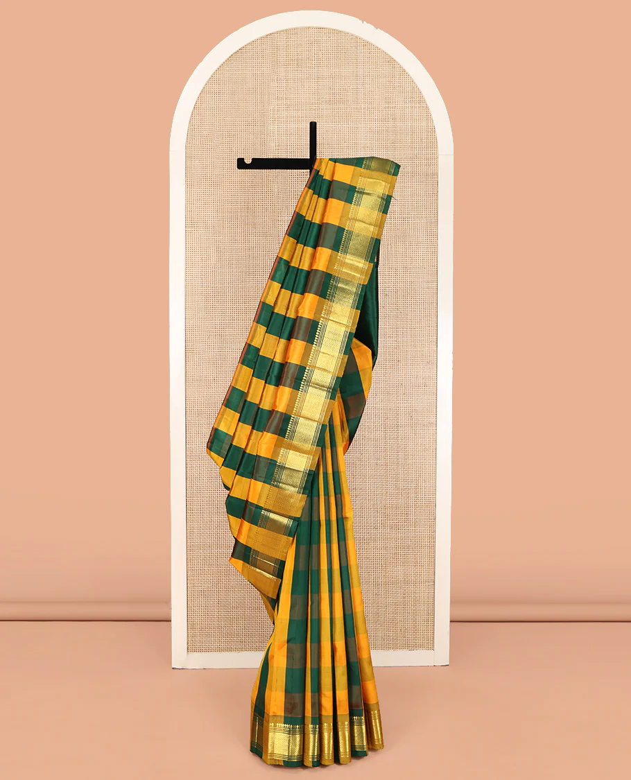 Multi-Color Kanchipuram Silk Saree, Decked Up with Palum Pazhamum Checked Design on Its Body, Highlighted by a Zari One-Sided Border of Panner Sombu, Banaras, Muthu, and Mayil Kann Designs, Pallu of Zari Designs, and Comes Without a Blouse