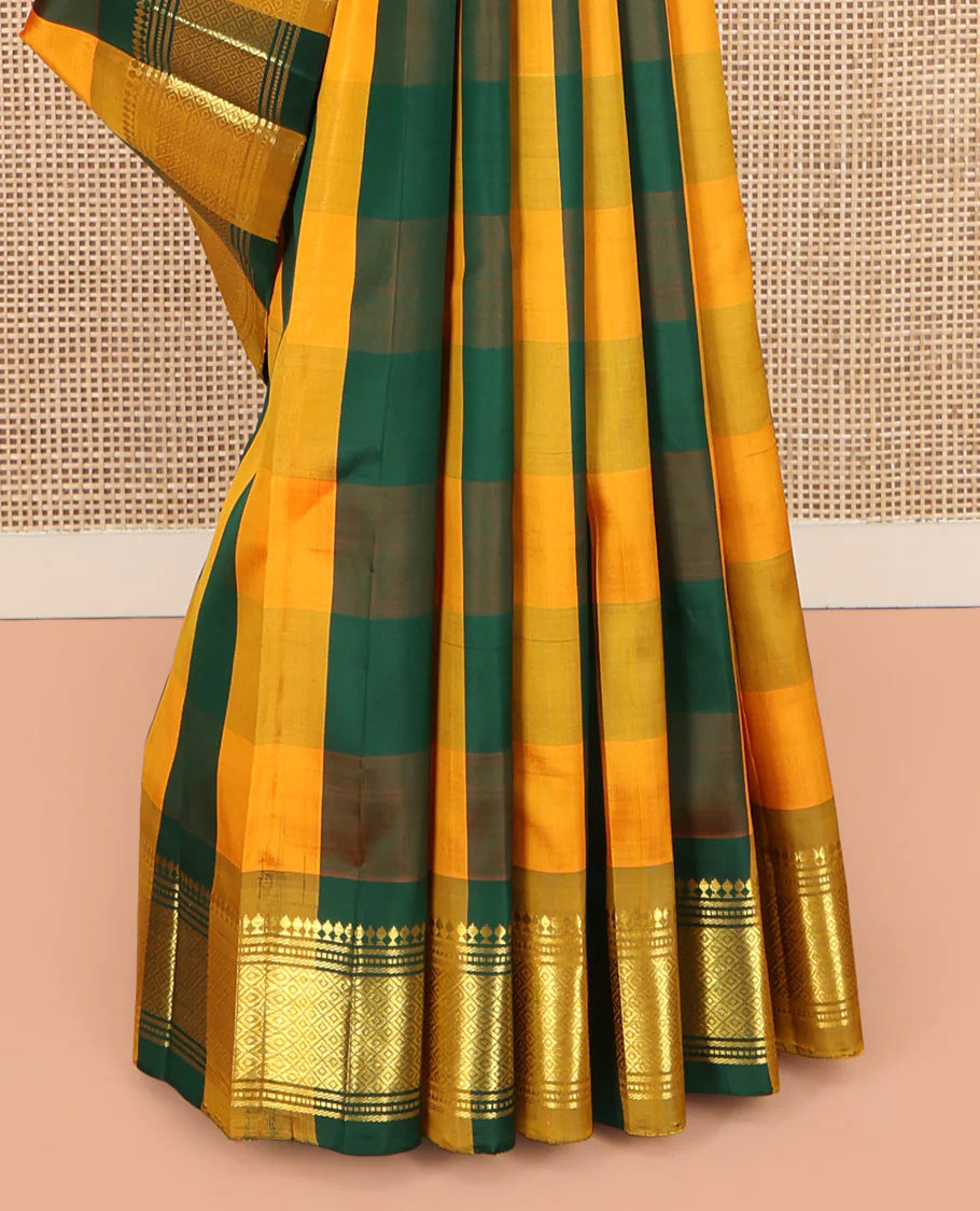 Multi-Color Kanchipuram Silk Saree, Decked Up with Palum Pazhamum Checked Design on Its Body, Highlighted by a Zari One-Sided Border of Panner Sombu, Banaras, Muthu, and Mayil Kann Designs, Pallu of Zari Designs, and Comes Without a Blouse - Image 4