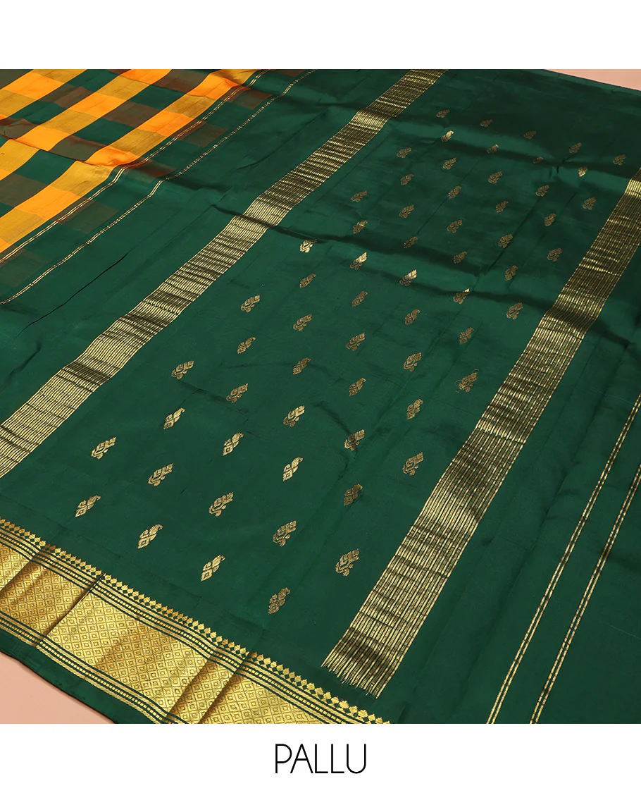 Multi-Color Kanchipuram Silk Saree, Decked Up with Palum Pazhamum Checked Design on Its Body, Highlighted by a Zari One-Sided Border of Panner Sombu, Banaras, Muthu, and Mayil Kann Designs, Pallu of Zari Designs, and Comes Without a Blouse - Image 5