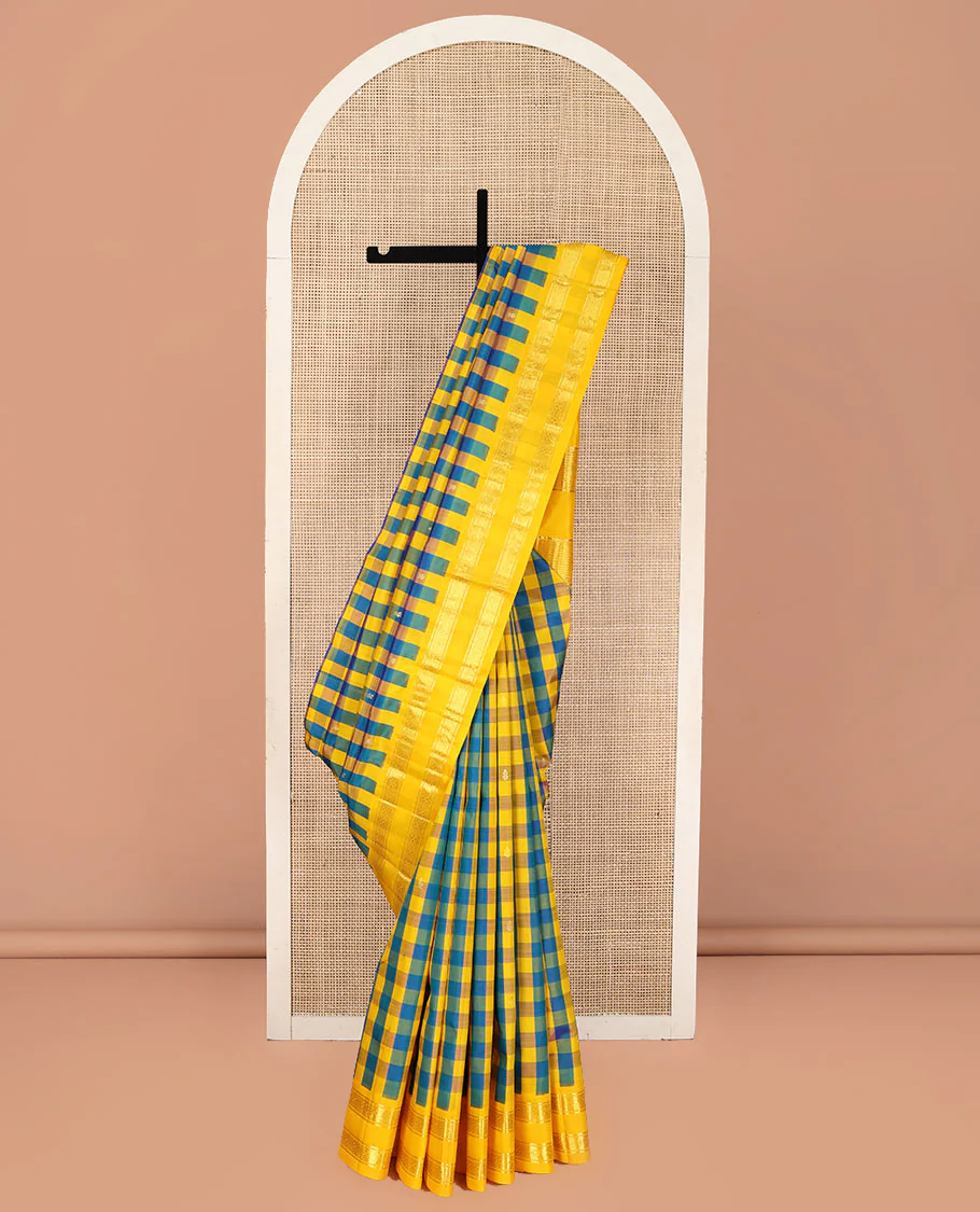 Multi-Color Kanchipuram Silk Saree, Detailed with Palum Pazhamum Checks, Complemented by a Contrast One-Sided Korvai Border of Banaras, and Diamond Designs, Pallu of Zari Designs, and Comes Without a Blouse