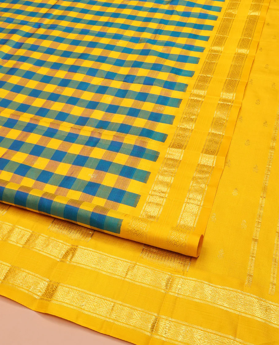 Multi-Color Kanchipuram Silk Saree, Detailed with Palum Pazhamum Checks, Complemented by a Contrast One-Sided Korvai Border of Banaras, and Diamond Designs, Pallu of Zari Designs, and Comes Without a Blouse - Image 2