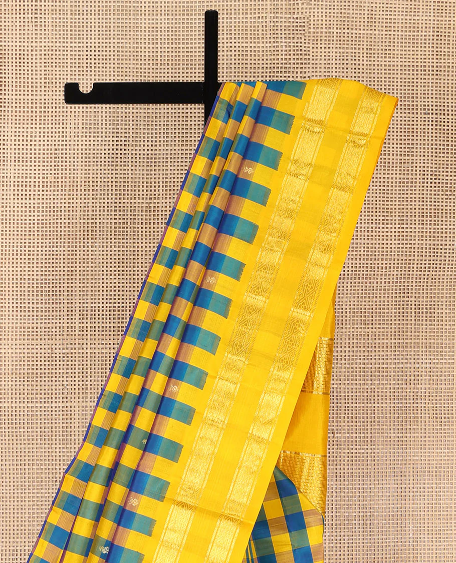 Multi-Color Kanchipuram Silk Saree, Detailed with Palum Pazhamum Checks, Complemented by a Contrast One-Sided Korvai Border of Banaras, and Diamond Designs, Pallu of Zari Designs, and Comes Without a Blouse - Image 3