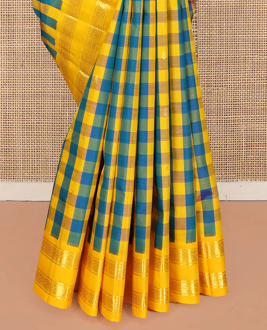 Multi-Color Kanchipuram Silk Saree, Detailed with Palum Pazhamum Checks, Complemented by a Contrast One-Sided Korvai Border of Banaras, and Diamond Designs, Pallu of Zari Designs, and Comes Without a Blouse - Image 4
